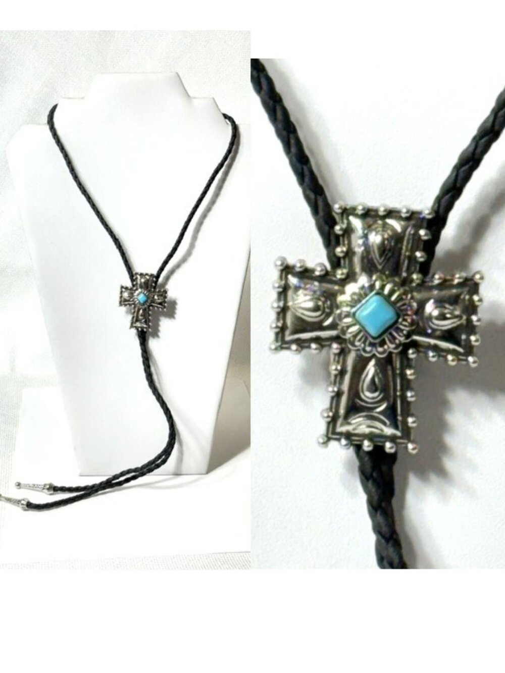 Silver-tone cross, black cord western cowboy bolo tie.